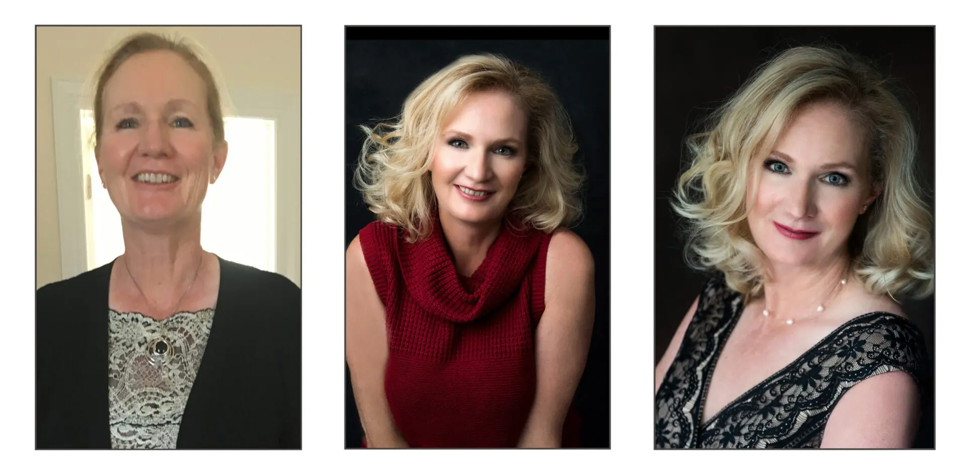 Three women with blonde hair and a red dress