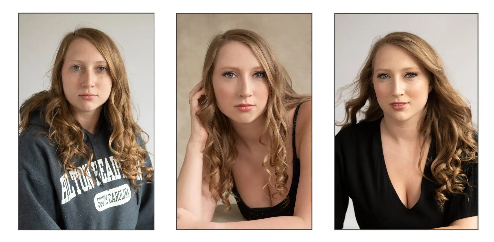 Three women posing for a photo in different outfits.