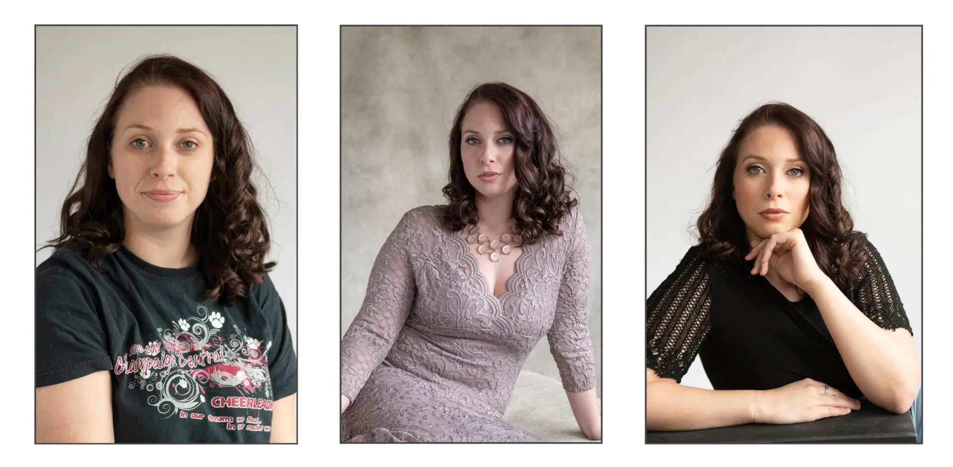 Three women posing for a photo in different outfits.