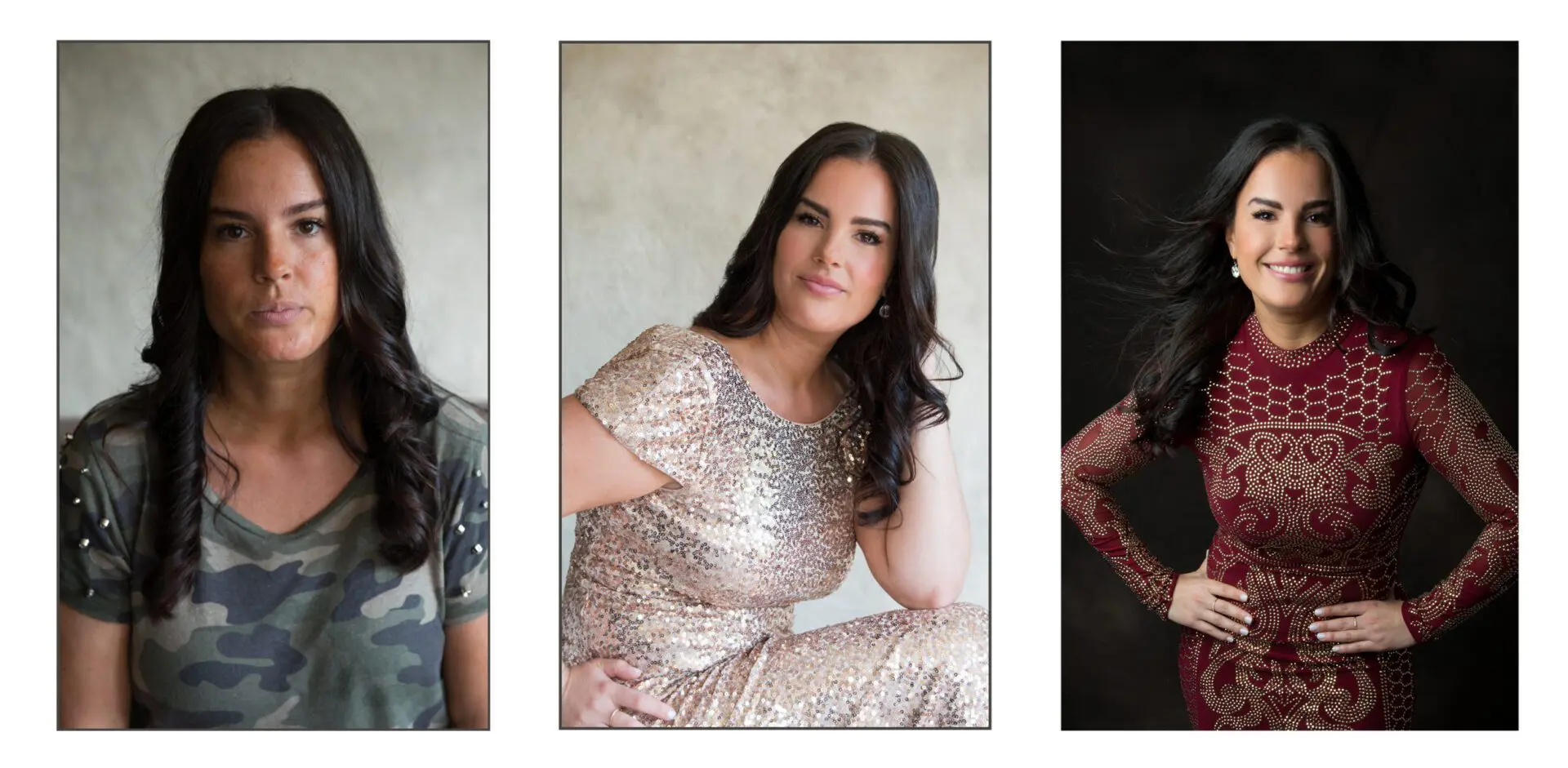 Three women posing for a photo in different outfits.