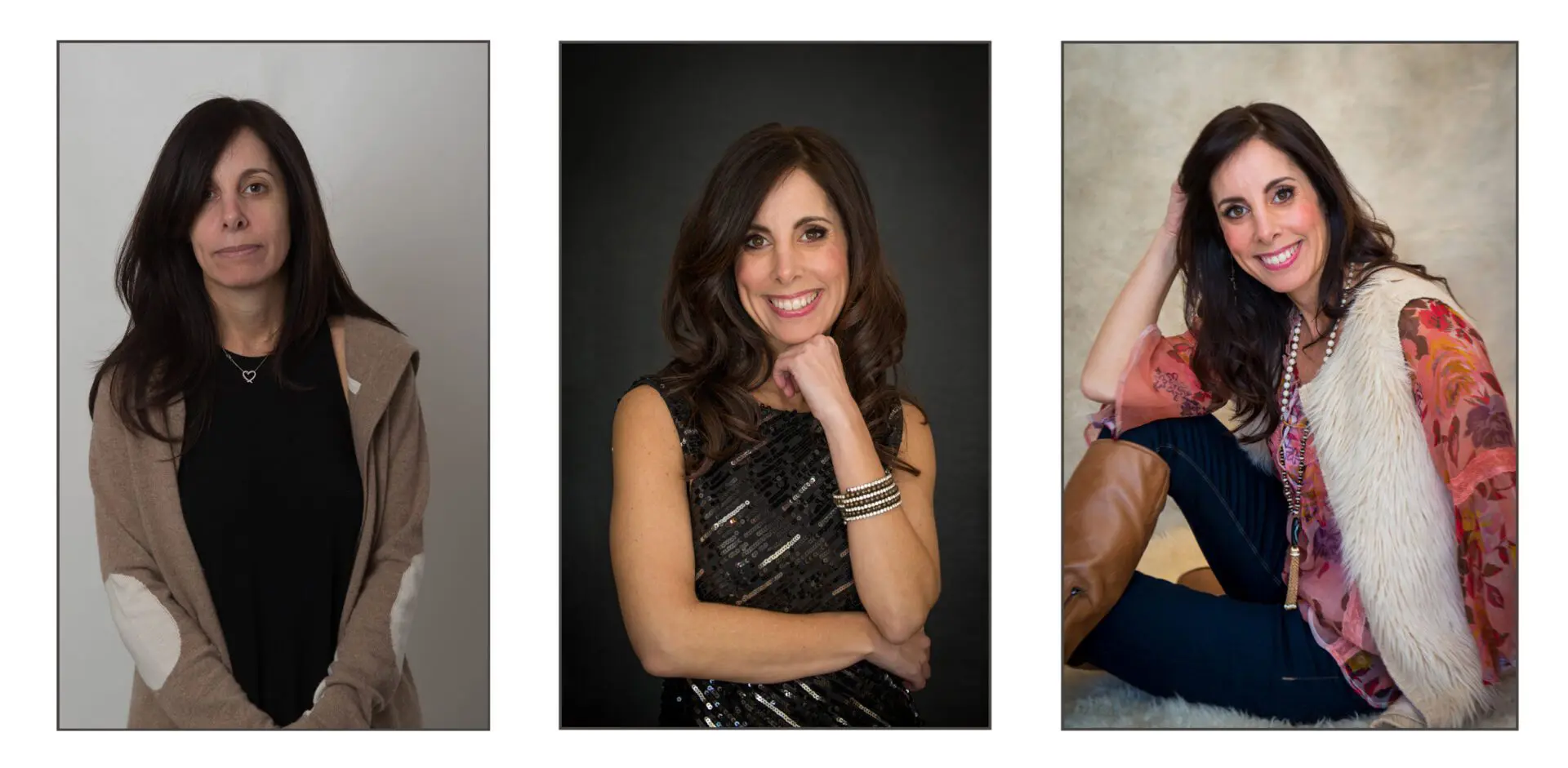 Three photos of a woman posing for the camera.