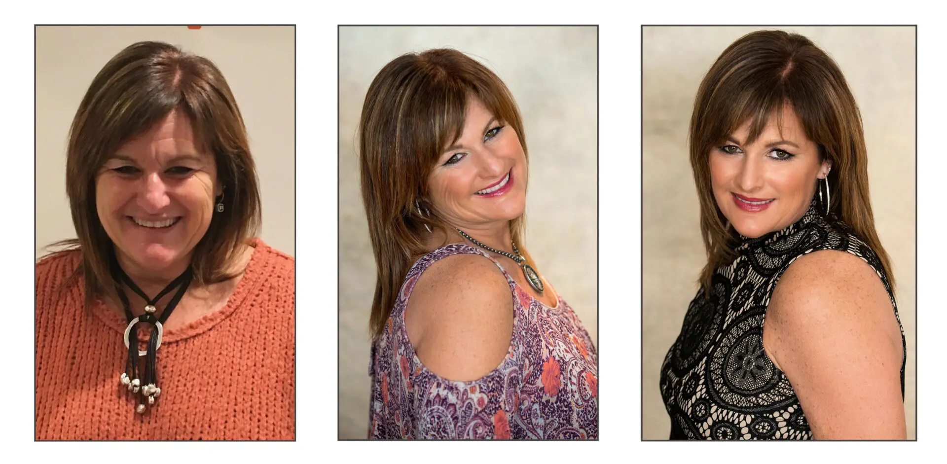 Three women posing for a photo in different outfits.