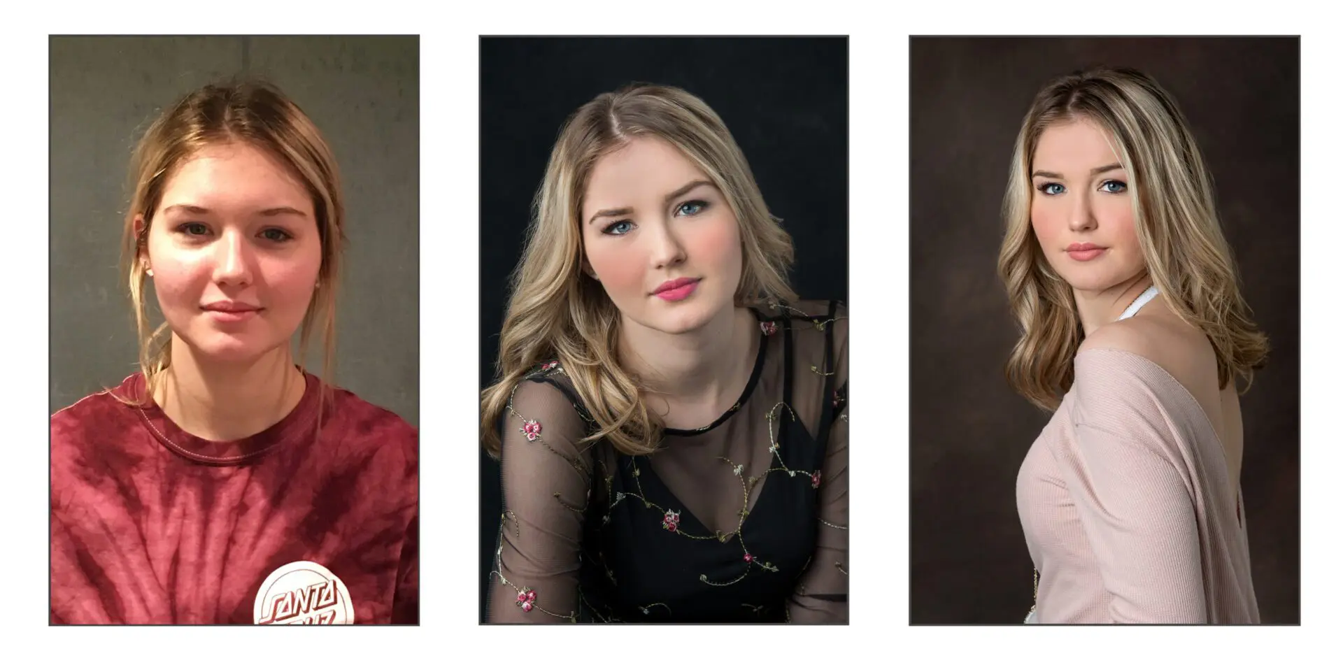 Three women in a row of different poses.